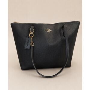 Coach Black Pebbled Leather Zip Top Tote Bag Gold Charm